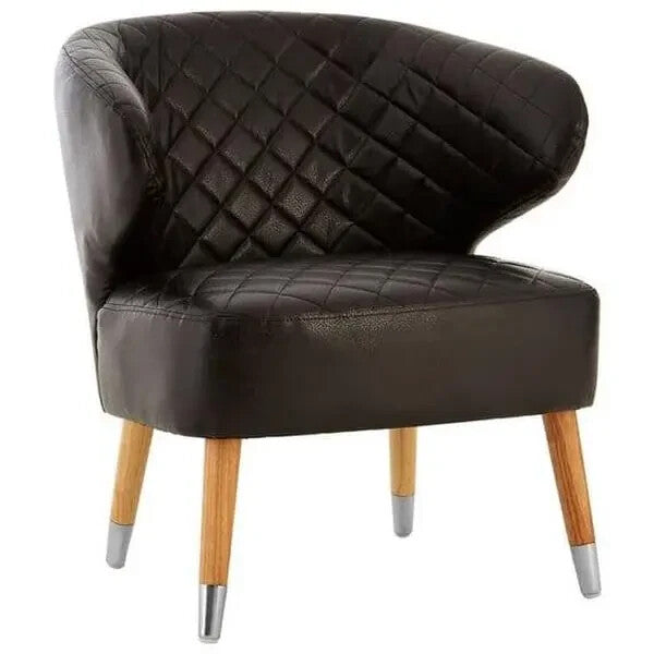 Black Faux Leather Wingback Accent Chair Quilted Armchair with Wood Legs