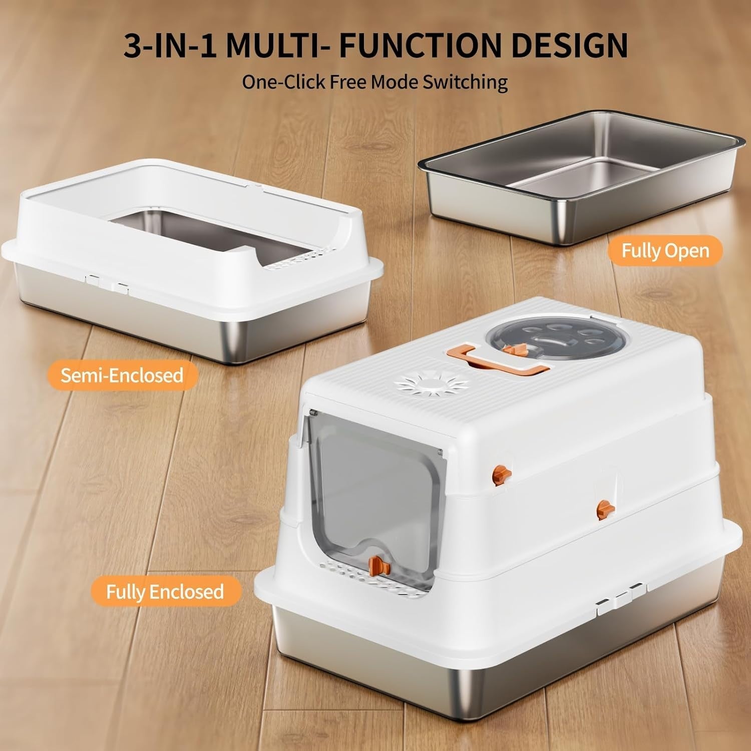 XL Stainless Steel Cat Litter Box Covered Leak Proof Odor Control White