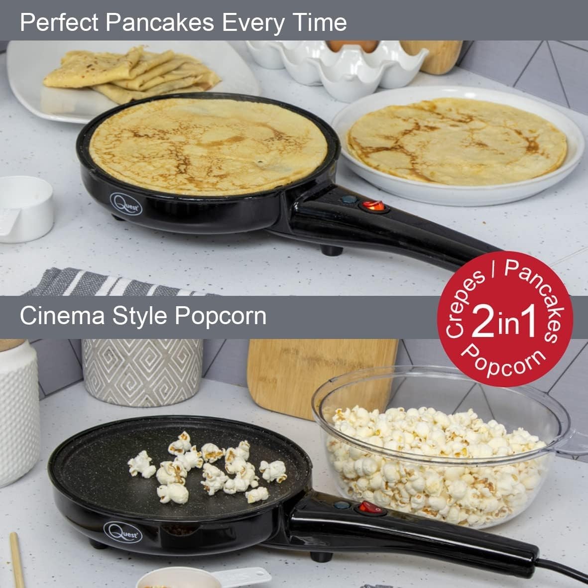2-in-1 Popcorn & 8" Crepe Maker Non-Stick Electric Pan 800W