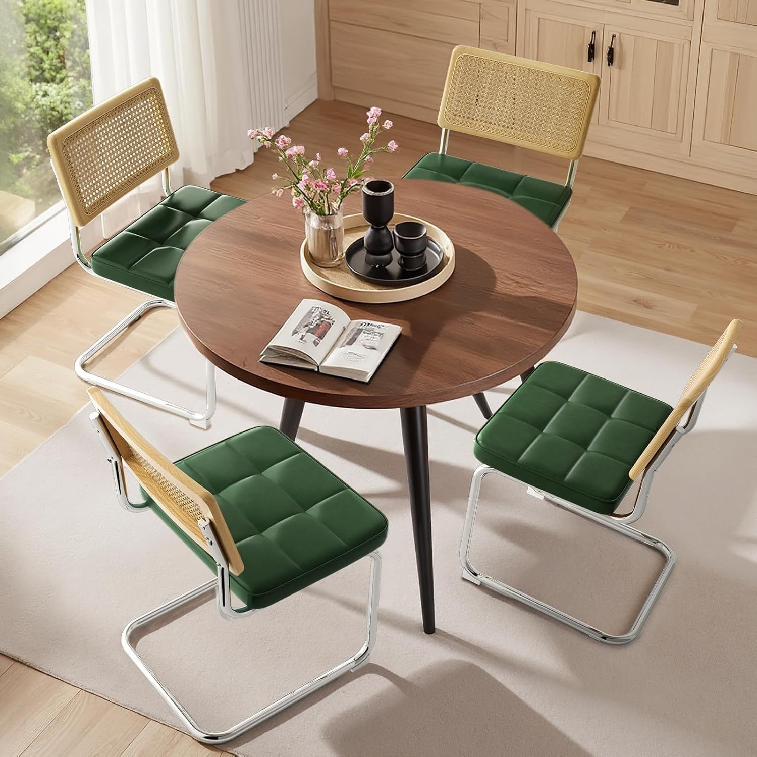 Green Dining Chairs Set of 4 Upholstered Rattan Back Modern Kitchen Chairs