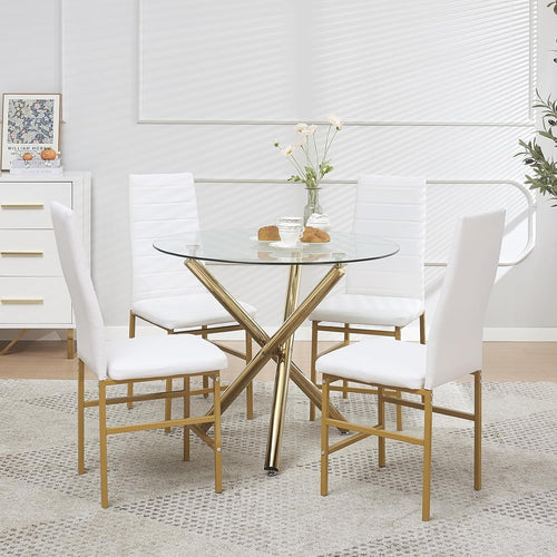 Gold Round Glass Dining Table Set 4 Faux Leather Chairs Compact Room