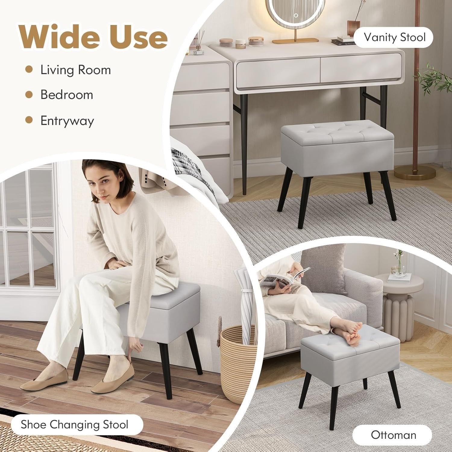 Grey Velvet Flip-Top Storage Footstool Ottoman Vanity Stool with Wood Legs
