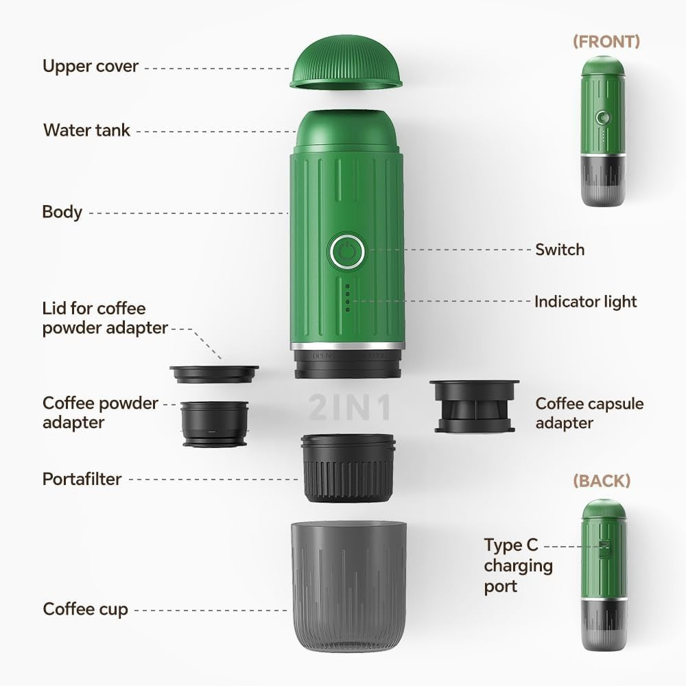 Portable Espresso Maker 19Bar Self-Heating USB-C Travel Coffee Machine Green Pod
