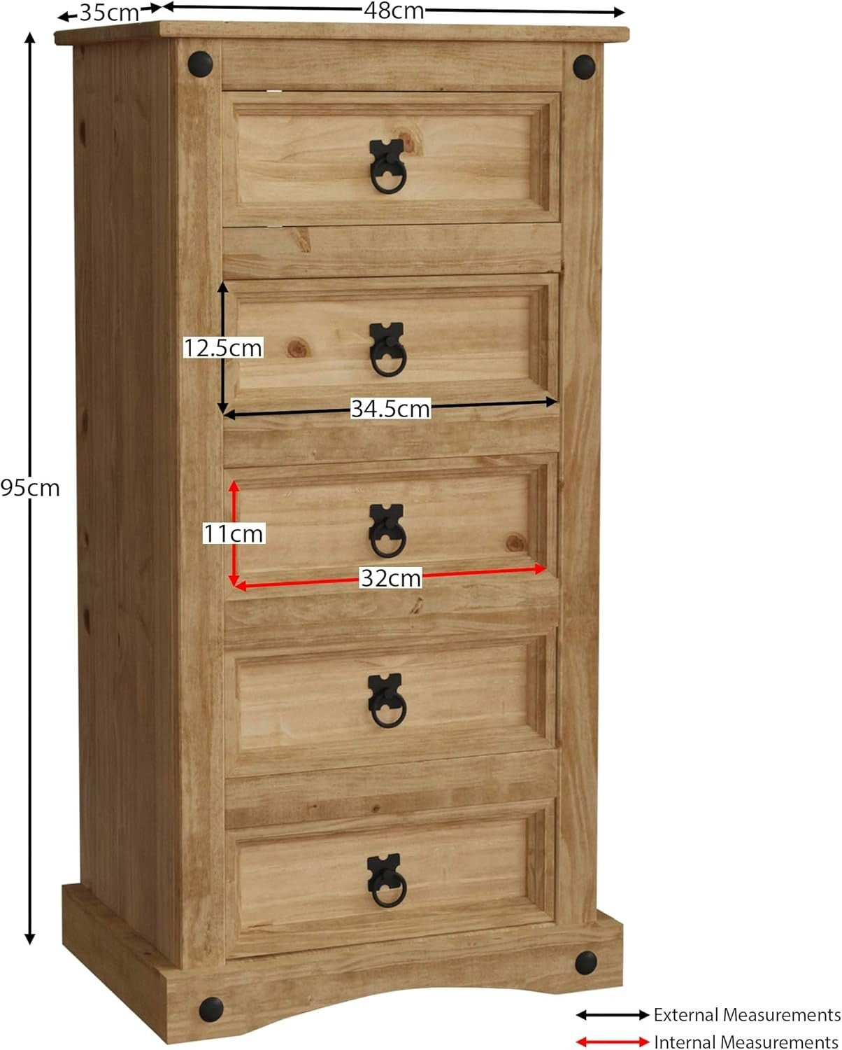 Pine 5-Drawer Narrow Chest Solid Wood Storage Cabinet Rustic Bedroom