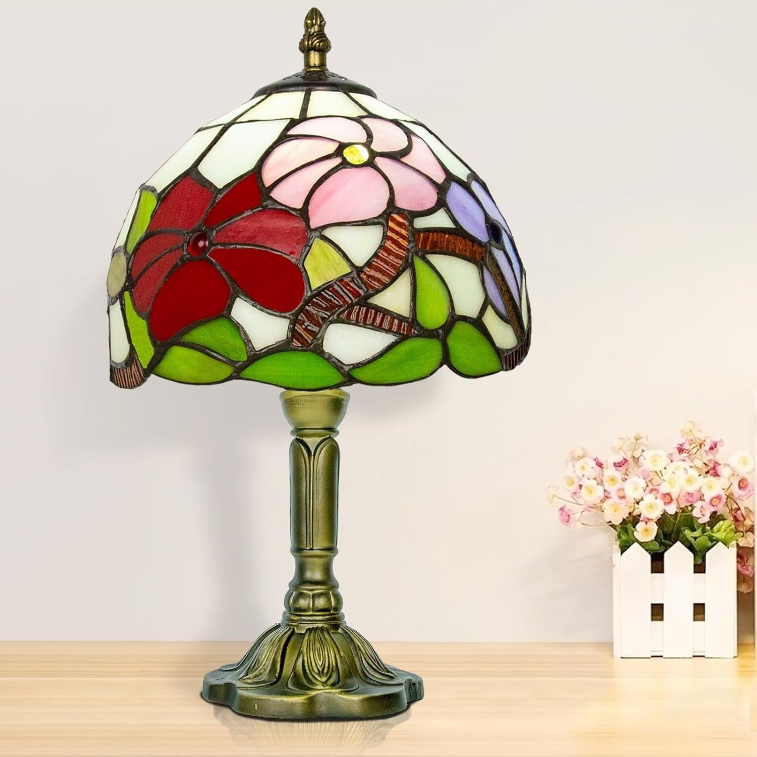 8x5x10in Stained Glass Table Lamp Red Rose Art Deco 3 Light Modes