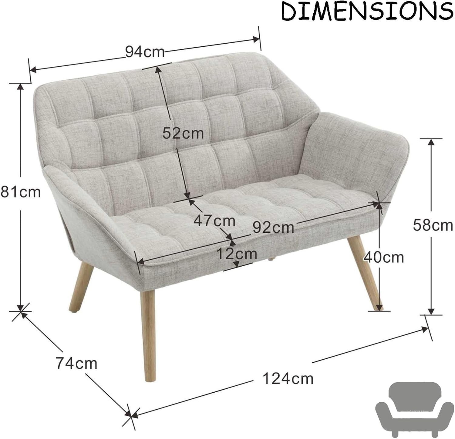 2 Seater Linen Sofa Tub Chair Beige Loveseat Armchair Wood Legs Lounge