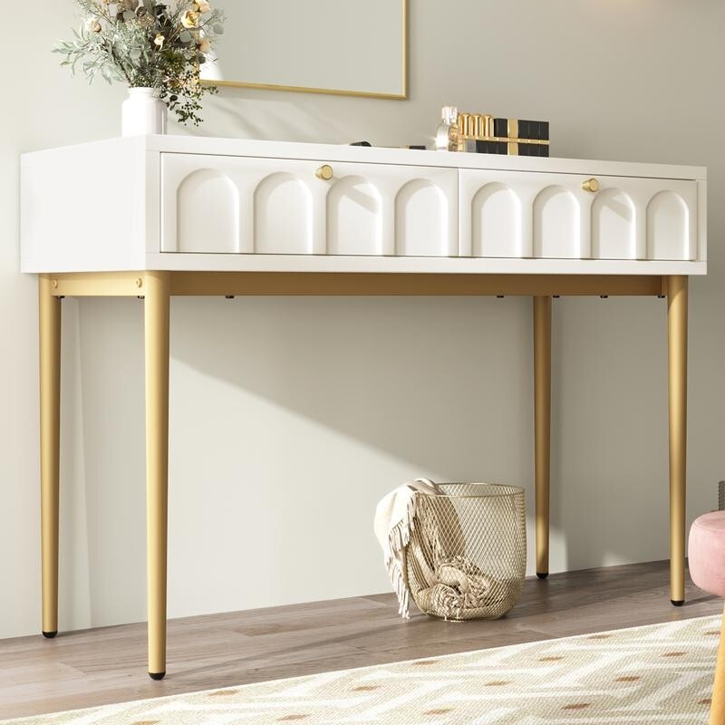 White Dressing Table with 2 Drawers & Gold Legs – Bedroom Makeup Desk