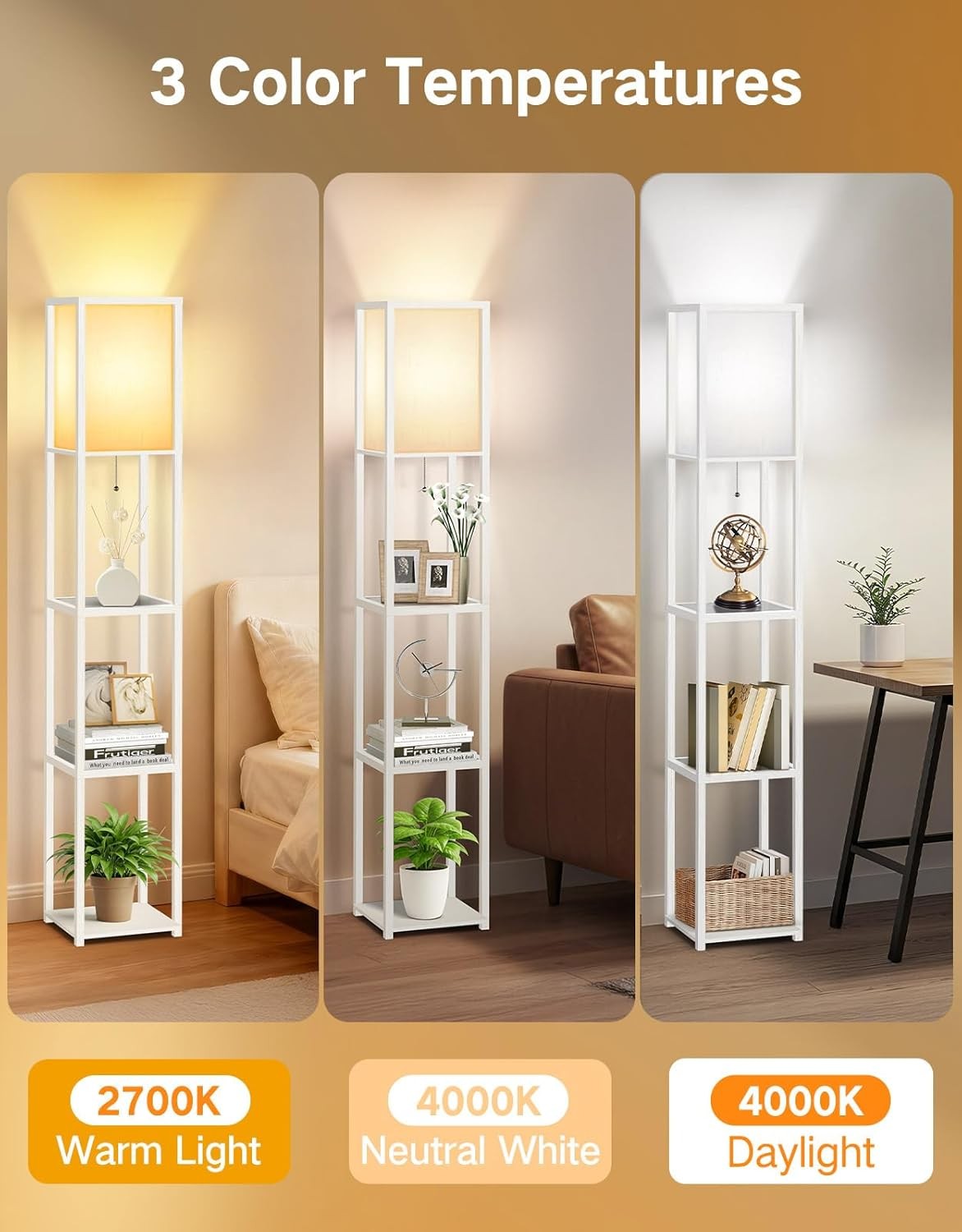 Floor Lamp with Shelves LED Adjustable Colour Standing Storage Light White