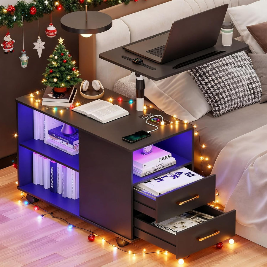 360° LED Smart Bedside Table with Laptop Tray, Wireless Charging & Storage