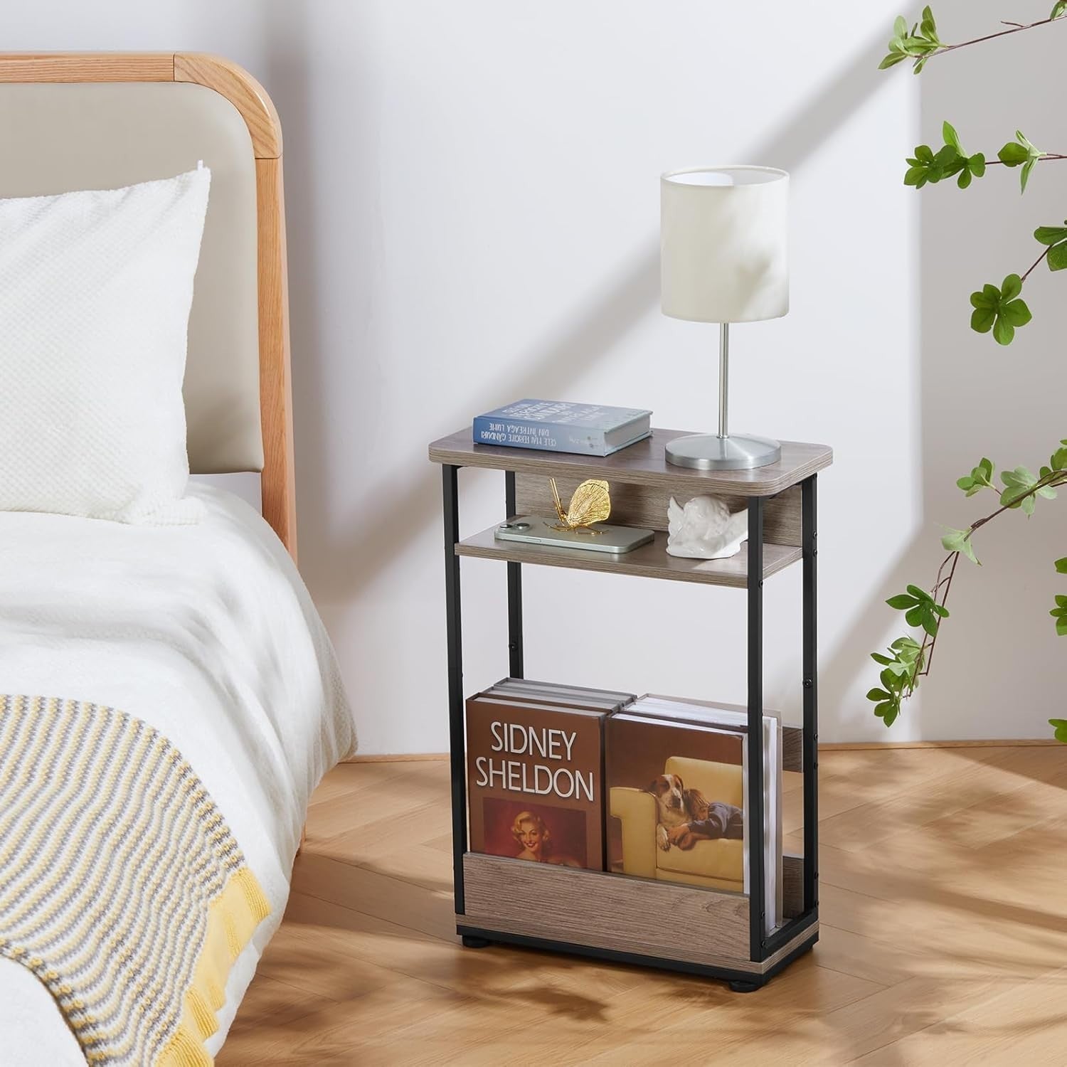 Slim Oak Side Table for Small Spaces – 3-Tier Narrow Bedside & Sofa Unit