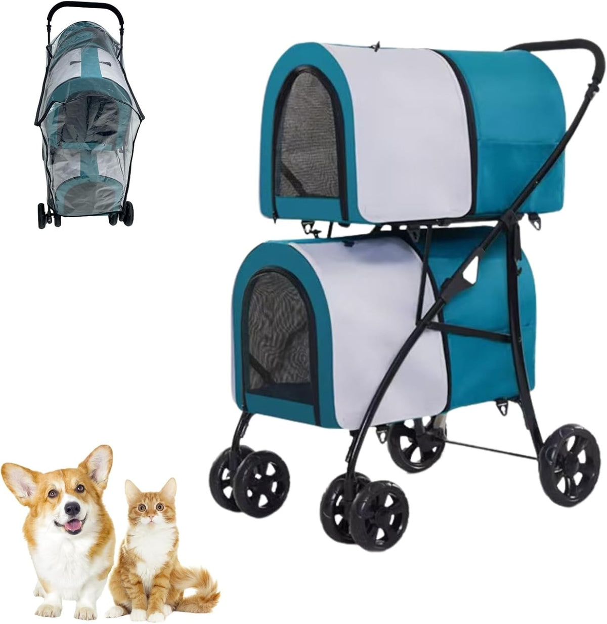 Double Pet Stroller for Dogs Cats Foldable 360° Wheels Waterproof Pram