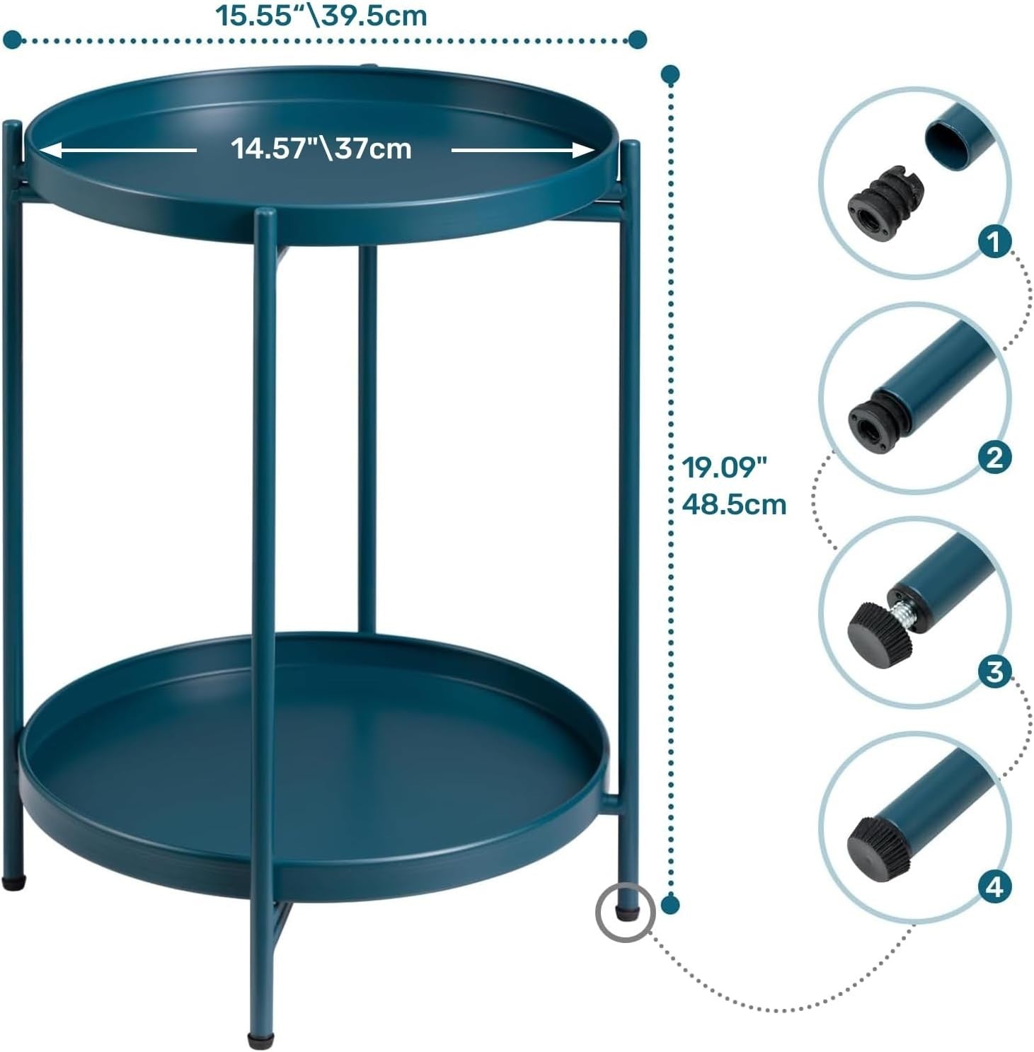 Small Round Metal Side Table 2-Tier Coffee Table Removable Tray Peacock Green