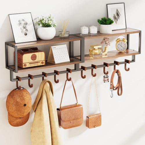 Rustic Wall Shelf 33” with 10 Hooks Coat Rack Storage Shelf Farmhouse Decor