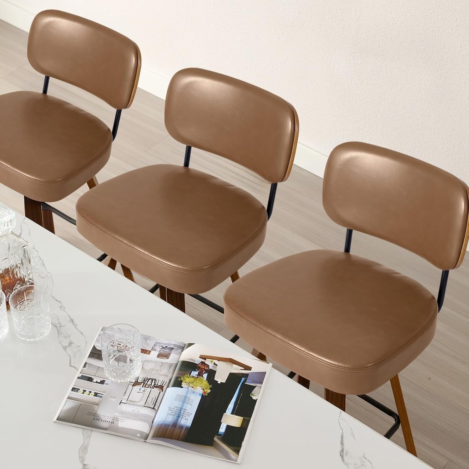 Brown PU Leather Swivel Bar Stools Set of 2 | Wooden Counter Chairs