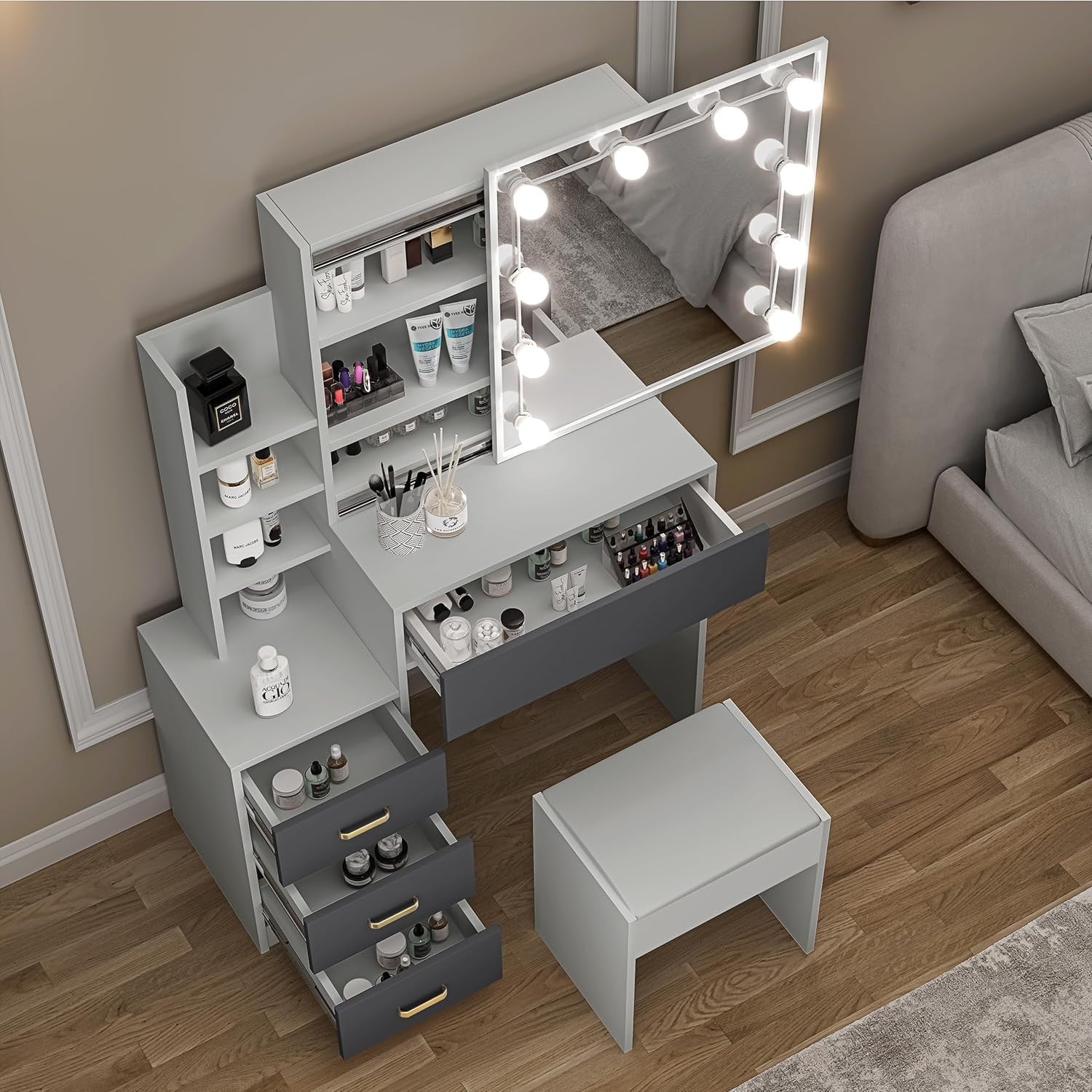 Large White Vanity Desk w/Lighted Mirror 7 Drawers Open Storage Modern Dresser
