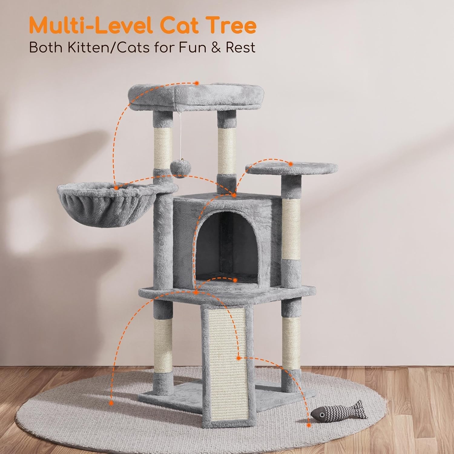 Cat Tree 107cm Climbing Tower With Scratching Posts Condo Basket for Indoor Cats