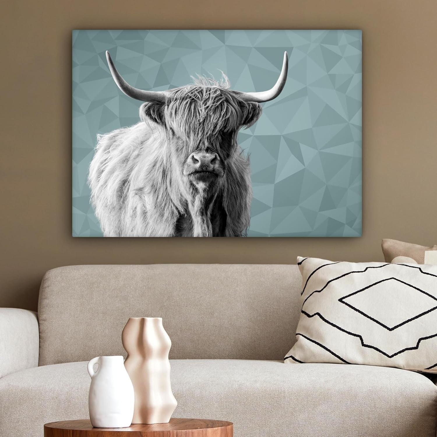 Highland Cow Canvas Wall Art Modern Geometric Animal 70x50cm Home Decor