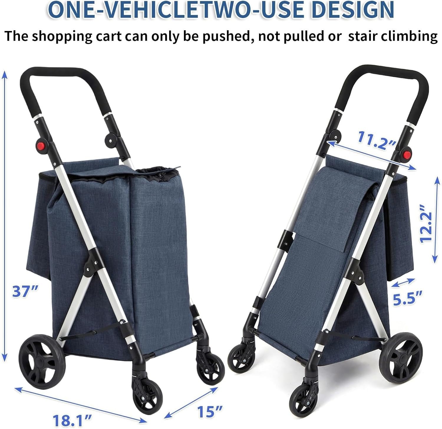4 Wheel Grocery Shopping Trolley 46L | Foldable Aluminium Cart | Blue