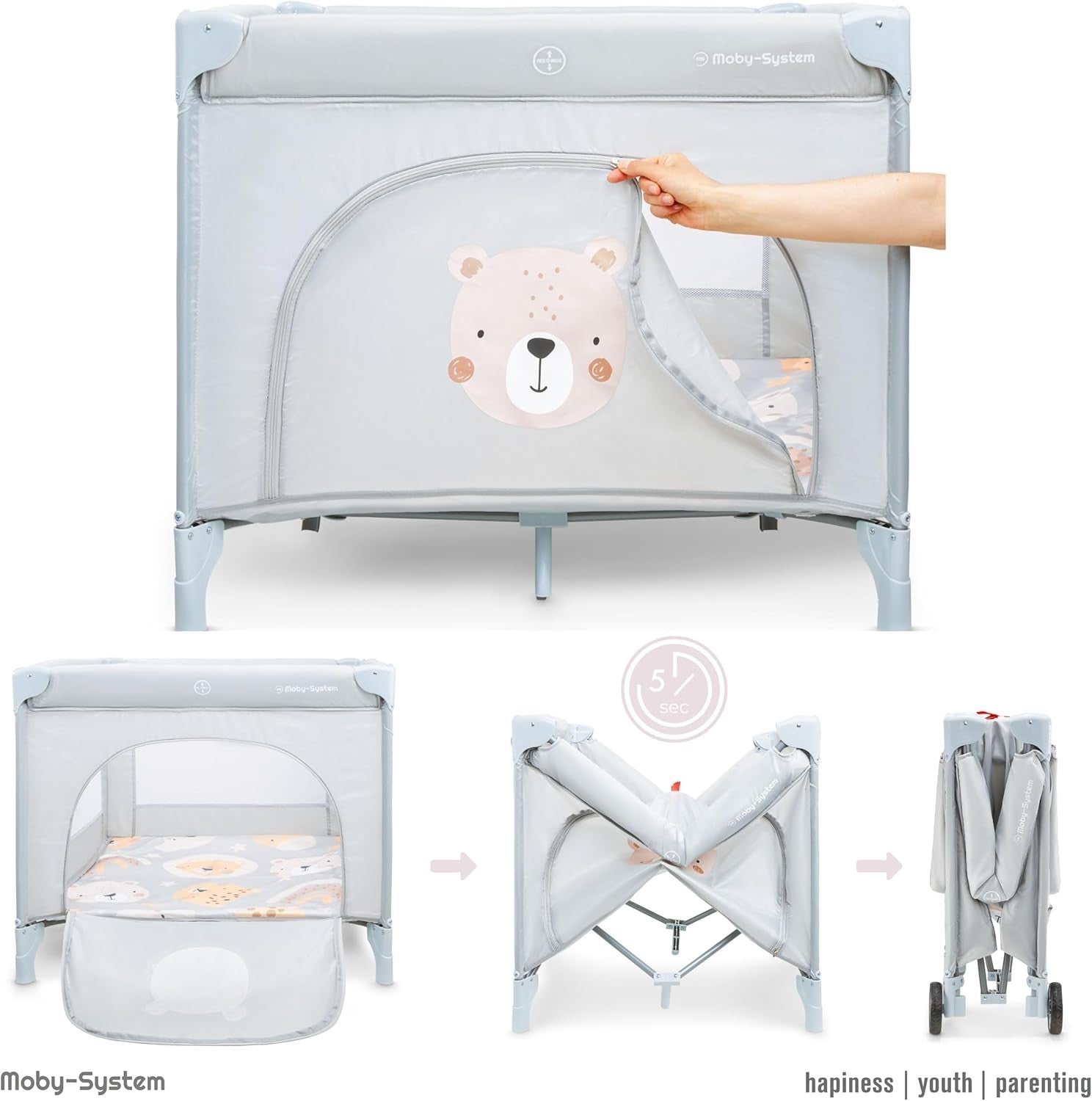 Children's Playpen with Mattress and Transport Bag Teddy Bear Folding Wheels