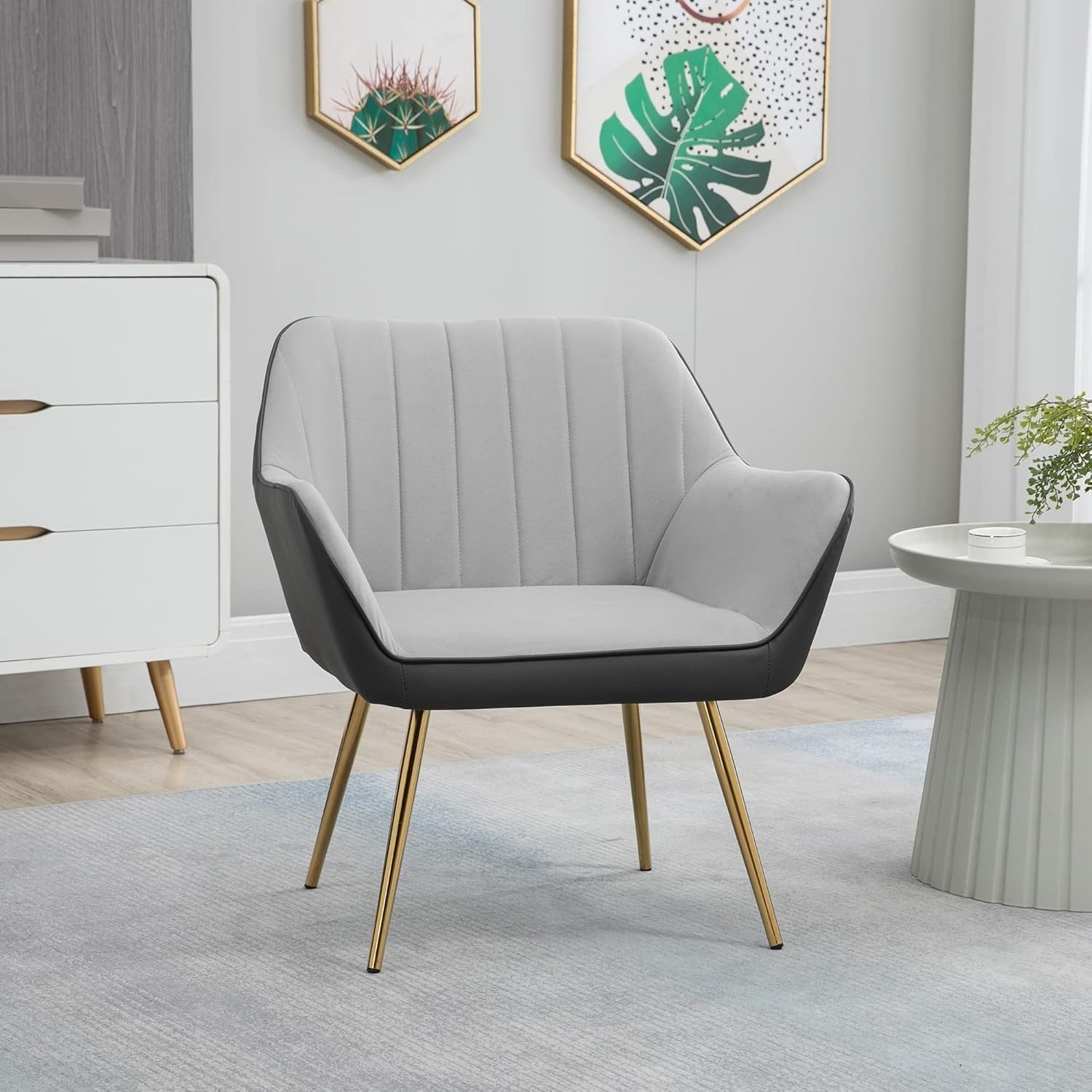 Light Grey Velvet Armchair Gold Steel Legs Modern Upholstered Accent Seat