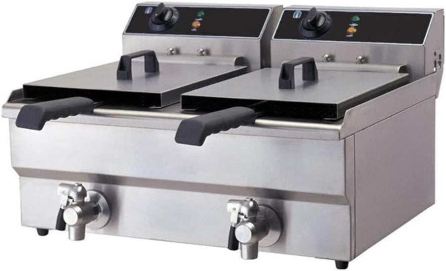Commercial Electric Deep Fryer Twin 12L Tanks Countertop Drain Taps
