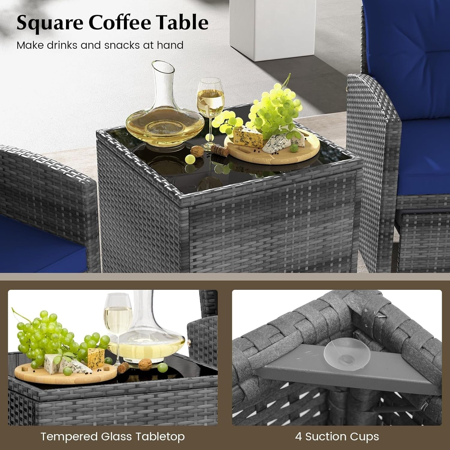 5-Piece Outdoor Rattan Patio Set with Cushions, Glass Table & Footstools