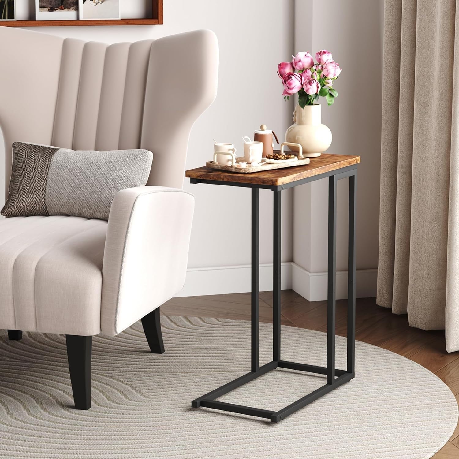 Slim C-Shaped Side Table for Sofa Bed, Rustic Brown Laptop & Snack Tray