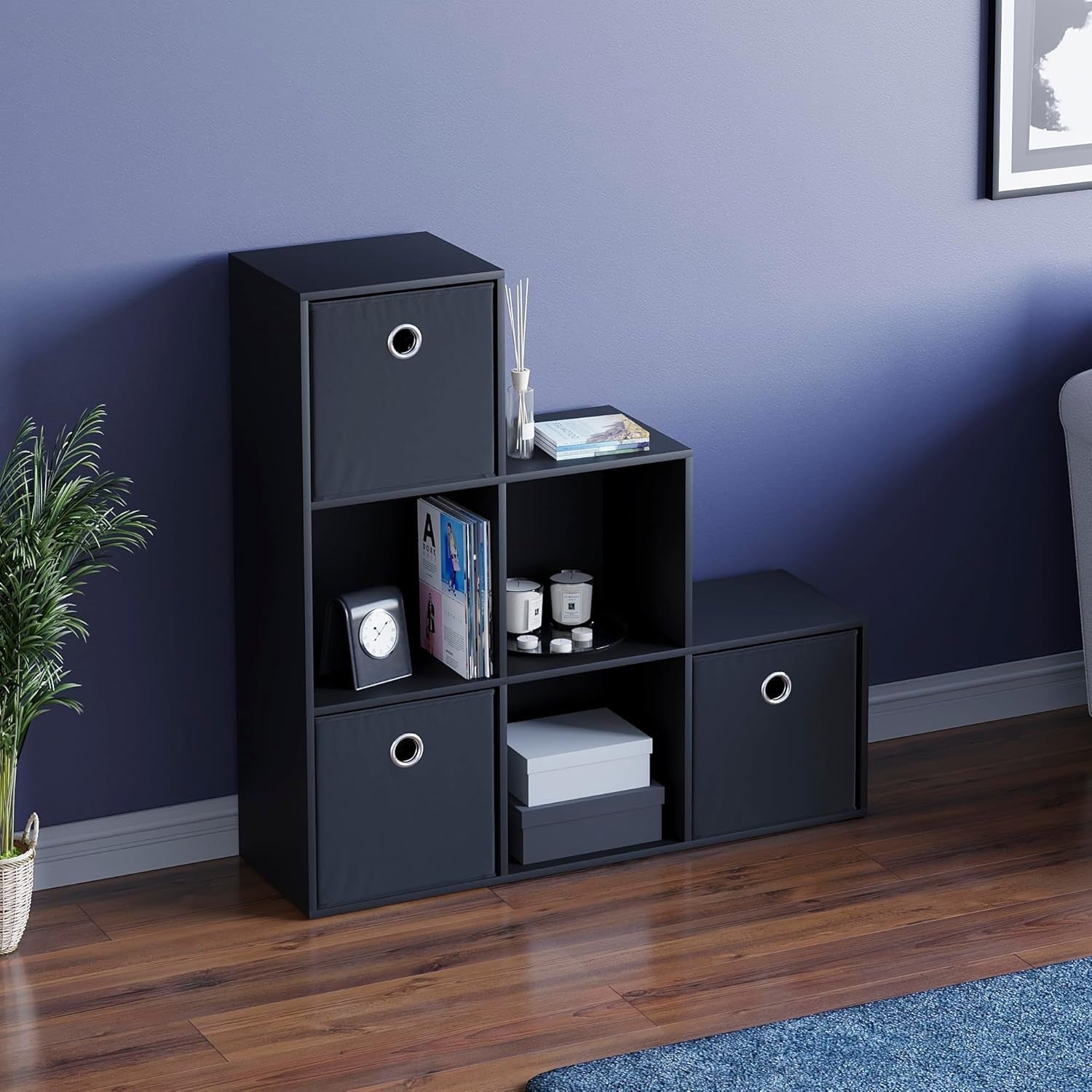 6 Cube Black Staircase Bookcase with 3 Baskets – Sturdy Storage Organizer