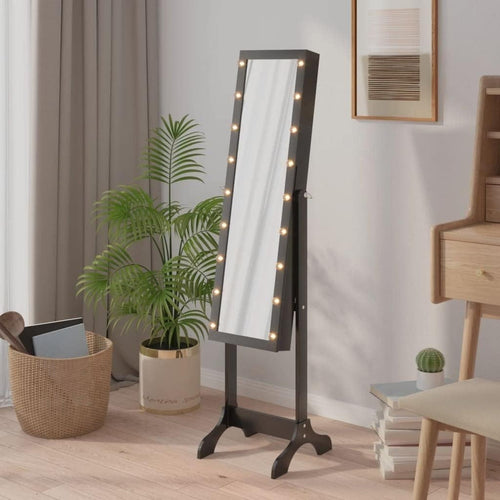 LED Standing Mirror Jewelry Cabinet Tilt Adjustable Storage Armoire Black