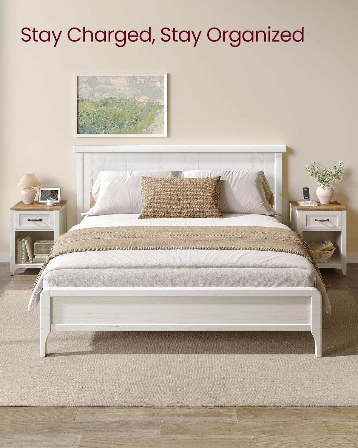 Farmhouse Bedside Tables Set of 2 with Drawer & Charging Station, Rustic White