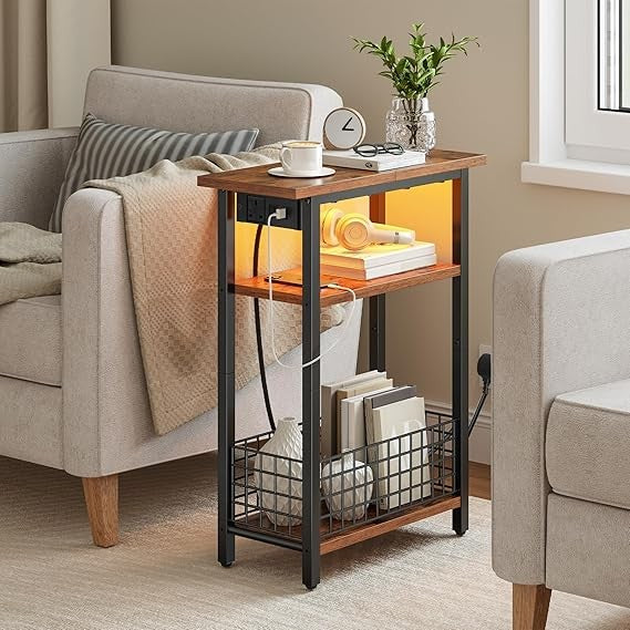 Slim Side Table with Charging Ports & LED Light, Narrow Bedside Nightstand