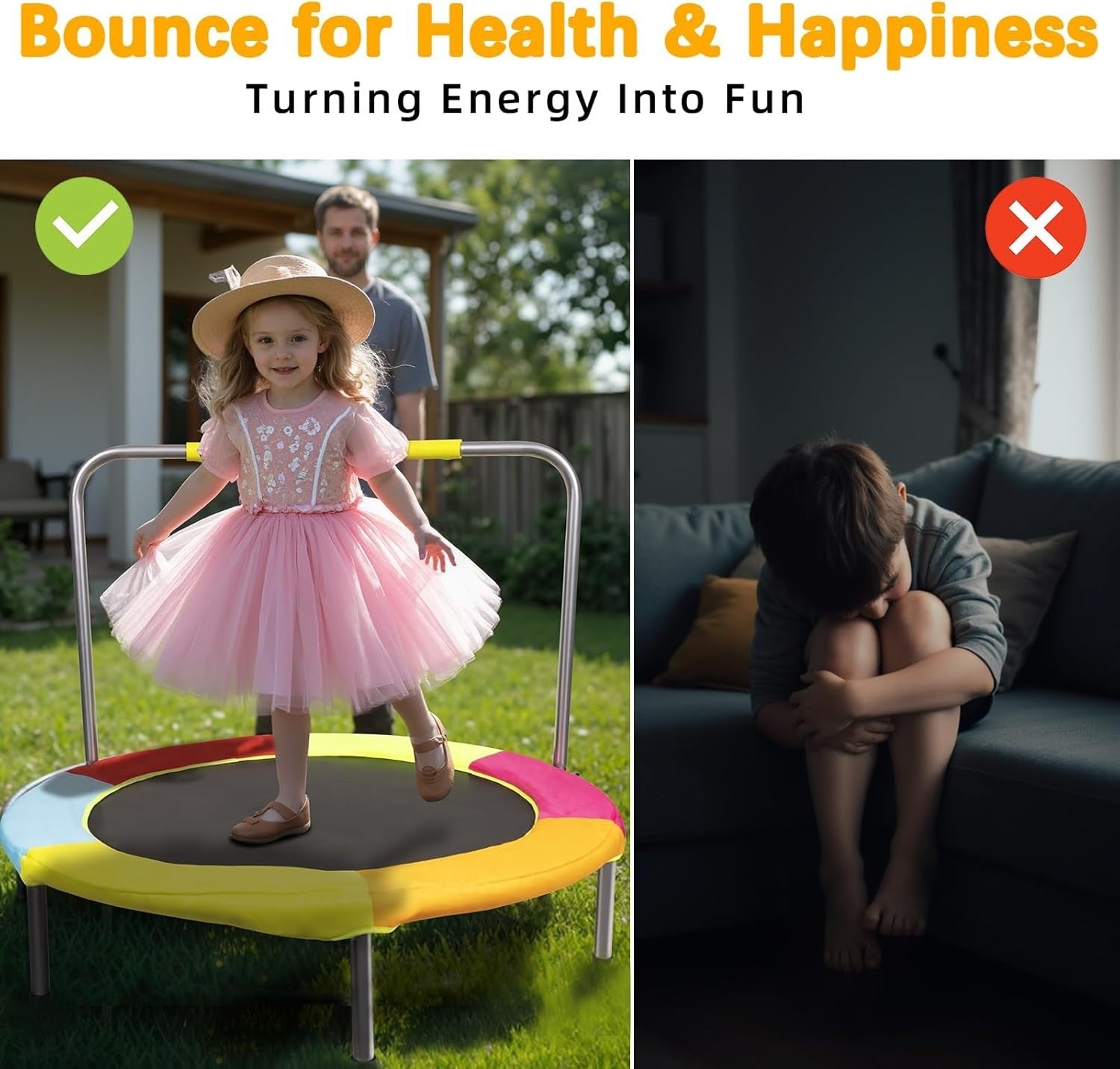 37 Inch Foldable Kids Trampoline Indoor Outdoor Toddler Bounce Handle