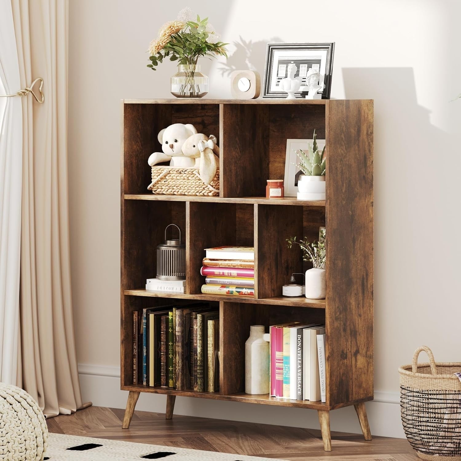 7 Cube Rustic Wooden Bookcase Modern 3 Tier Storage Shelf with Legs 80x24x107cm