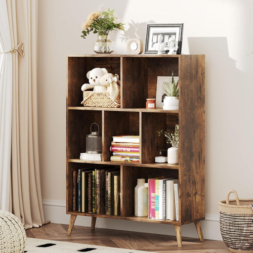 7 Cube Rustic Wooden Bookcase Modern 3 Tier Storage Shelf with Legs 80x24x107cm