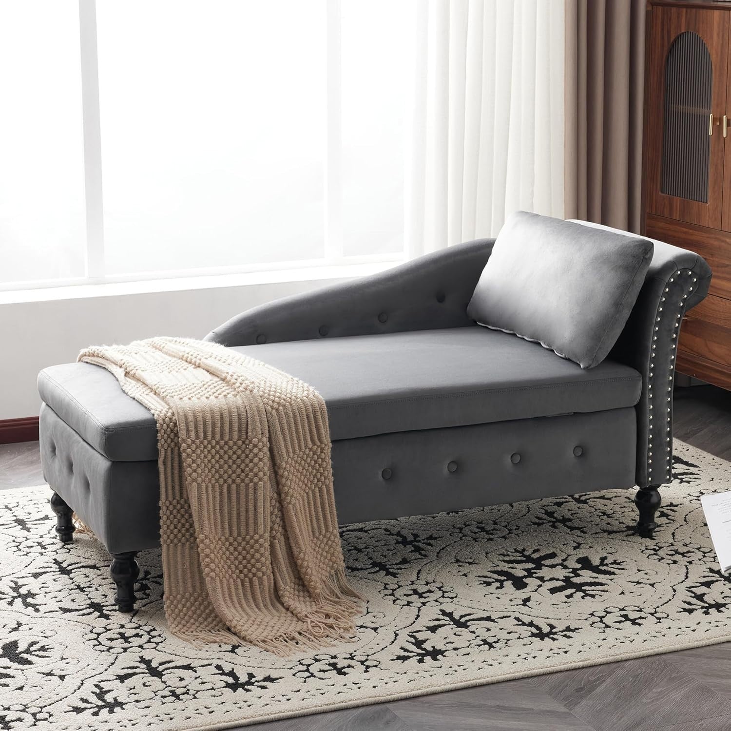 Ergonomic Chaise Lounge Sofa with Storage Velvet Upholstery Grey Beige