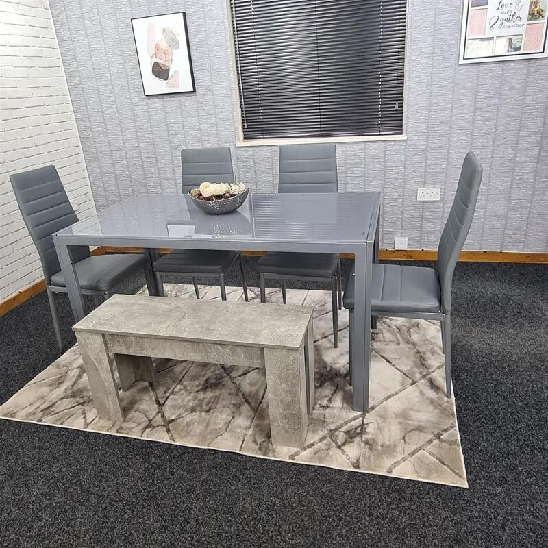 Grey Glass Dining Table Set 6 Seater with 4 Chairs & Bench for Kitchen