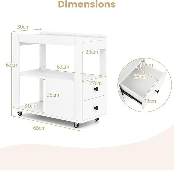 Sleek 3-Tier Rolling Bedside Table with Drawers & Shelves Slim Nightstand White