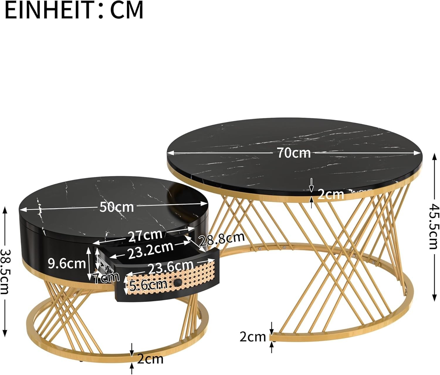 ModernLuxe 2-in-1 Round Coffee Table Set with Marble Top, Rattan Drawer