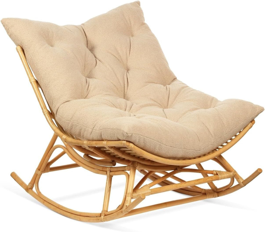 Rocking Papasan Chair Indoor Rattan Moon Chair with Cushion Adjustable Base