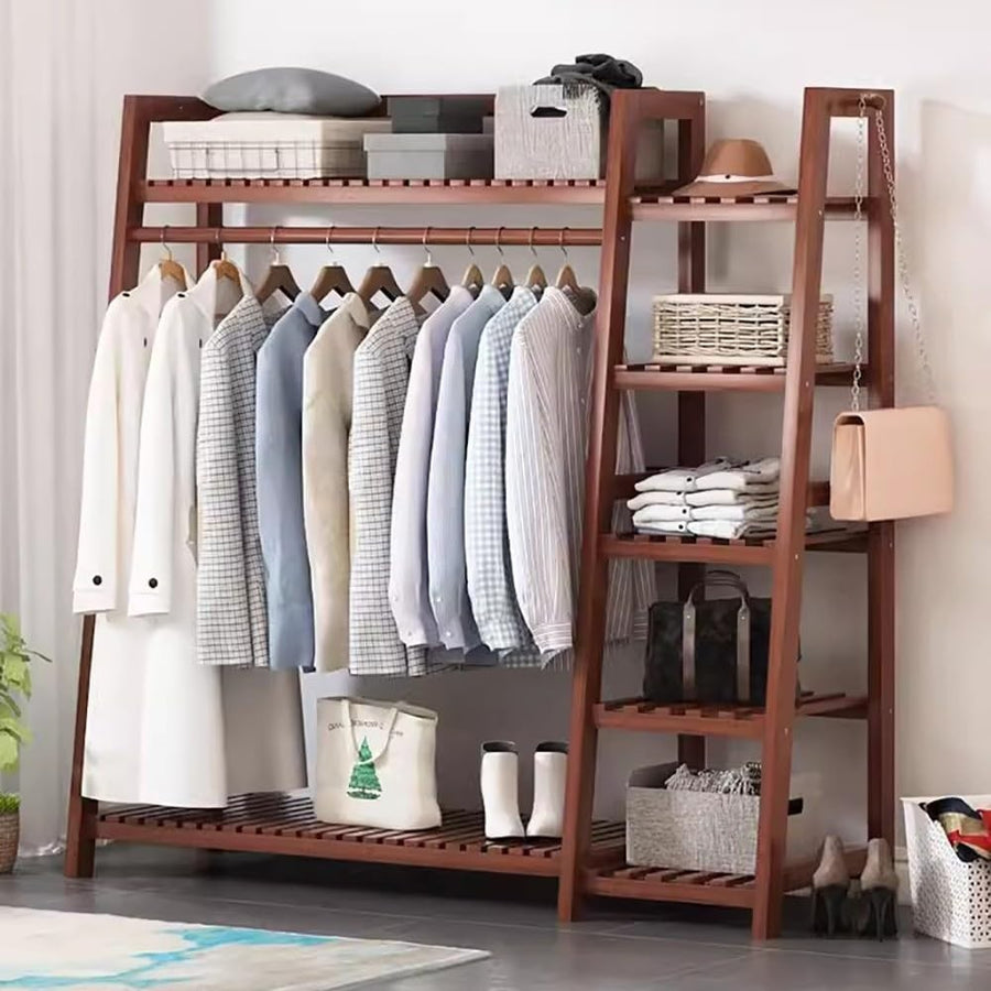 Bamboo Garment Rack with 7 Shelves & Hanging Rail, Freestanding Wardrobe