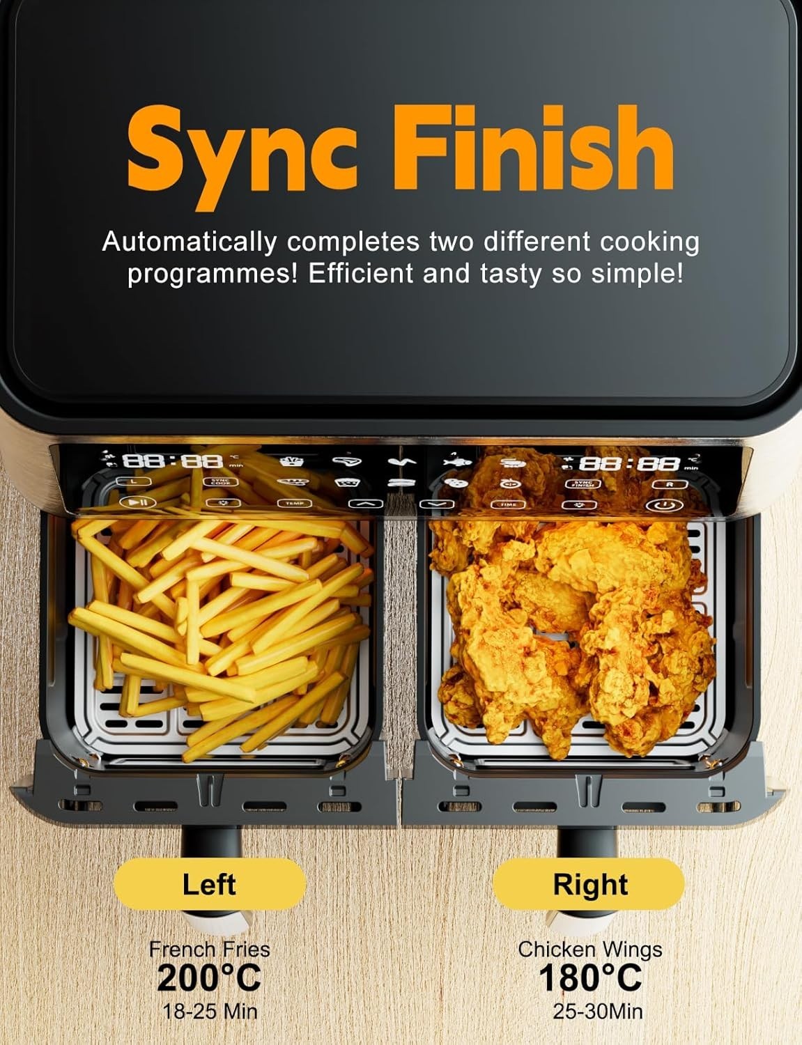 10L Dual Air Fryer with Window 2 Drawers 10 Presets Sync Cook Touchscreen