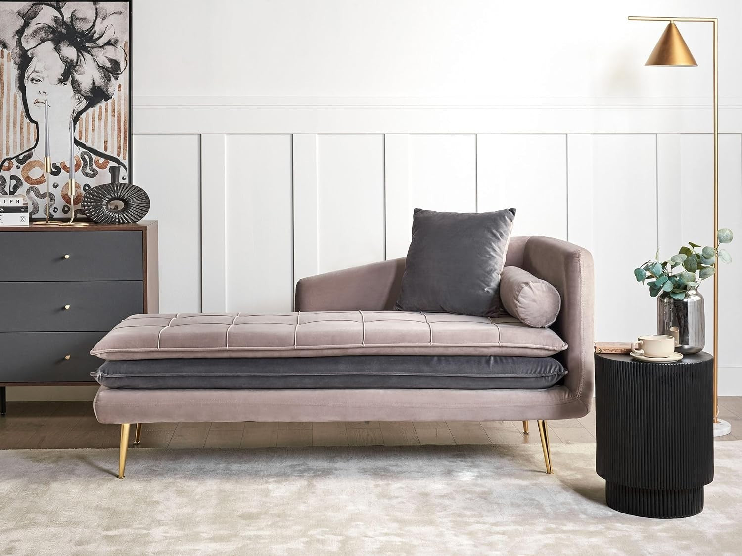 Velvet Chaise Lounge Sofa Beige Tufted Thick Padding | Comfy Right-Hand Seat
