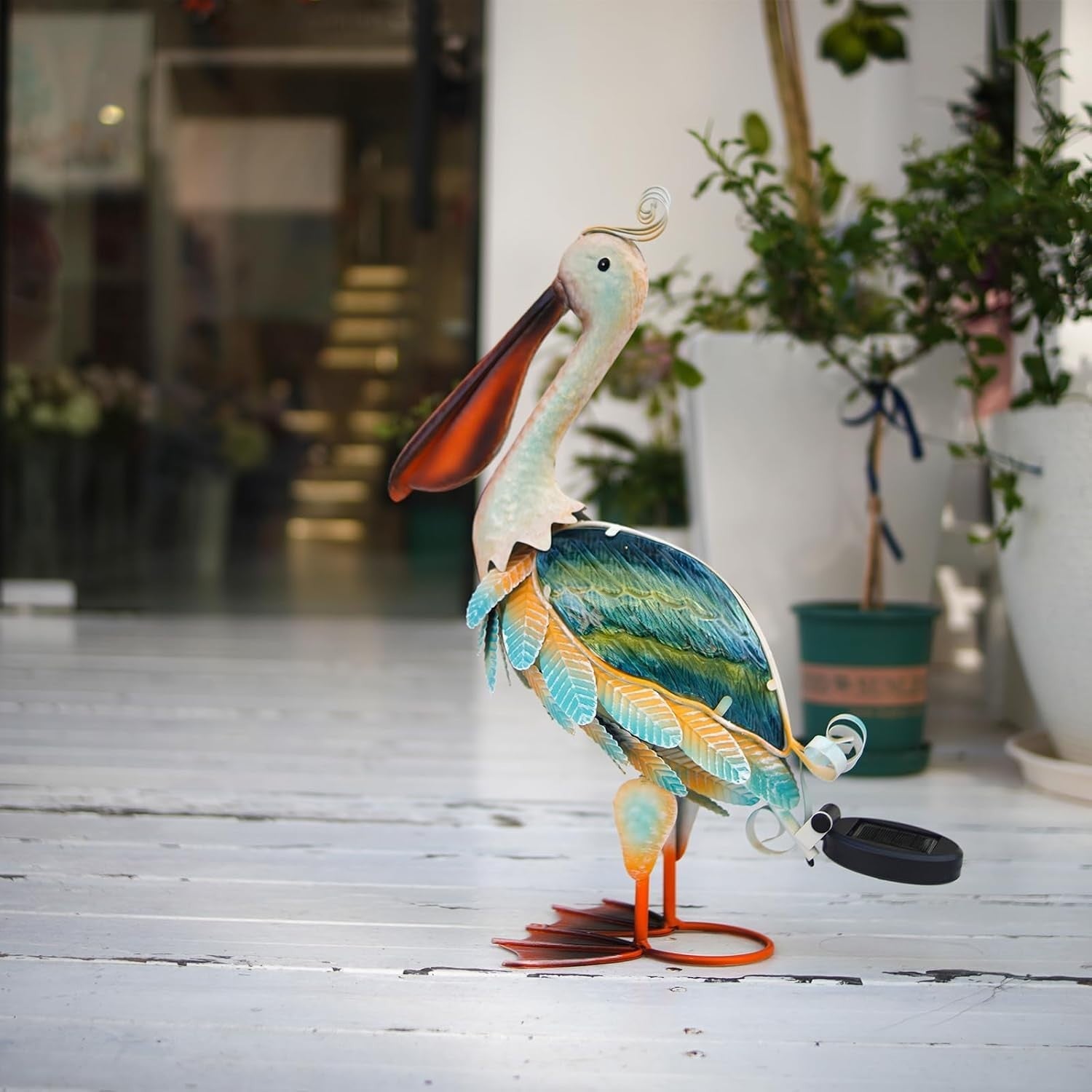 Solar Pelican Garden Statue 40.6cm Metal Glass Coastal Bird Outdoor Yard Decor
