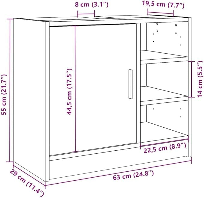 Brown Oak Bathroom Sink Cabinet 63x29x55cm – Modern Vanity Unit with Door