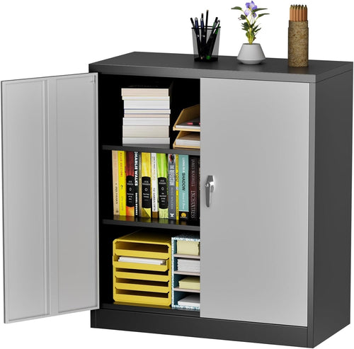 Black Grey Lockable Metal Storage Cabinet 80x40x90cm Steel Tool Cupboard