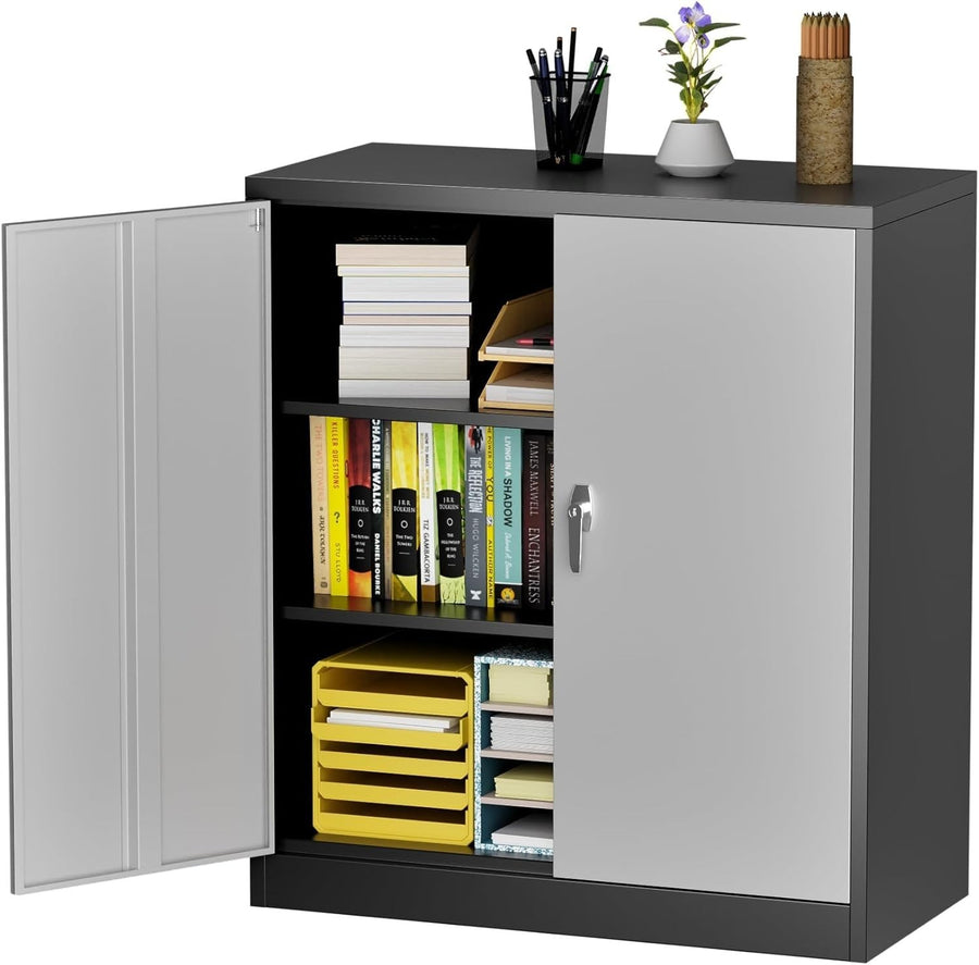 Black Grey Lockable Metal Storage Cabinet 80x40x90cm Steel Tool Cupboard
