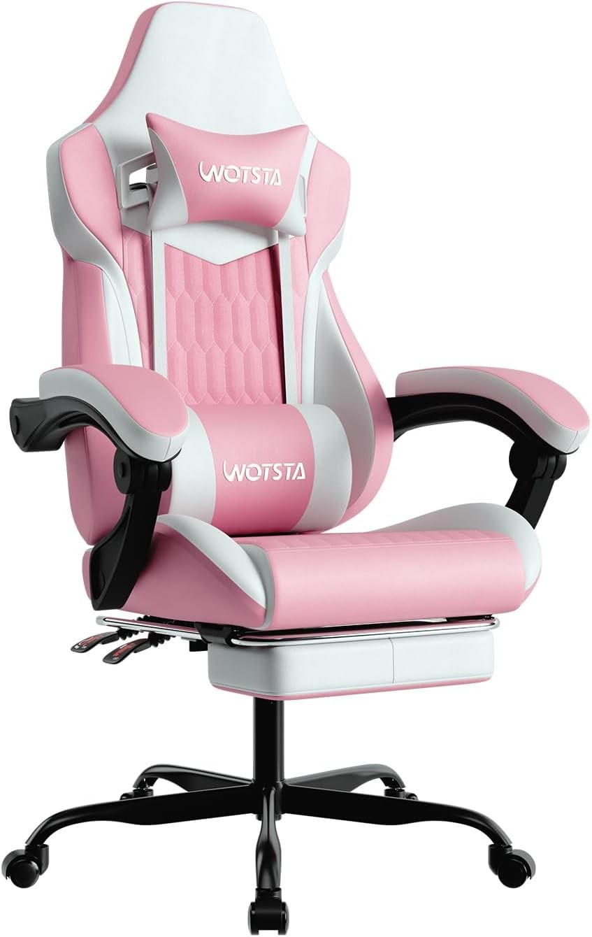 Ergonomic Gaming Chair Pink White w/ Footrest Lumbar