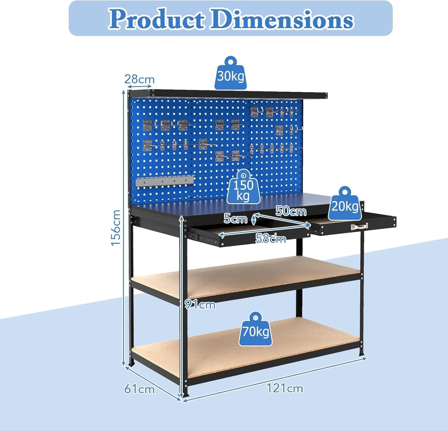 Heavy Duty Workbench 121x61x156cm Navy Pegboard 2 Drawers Shelves 435kg