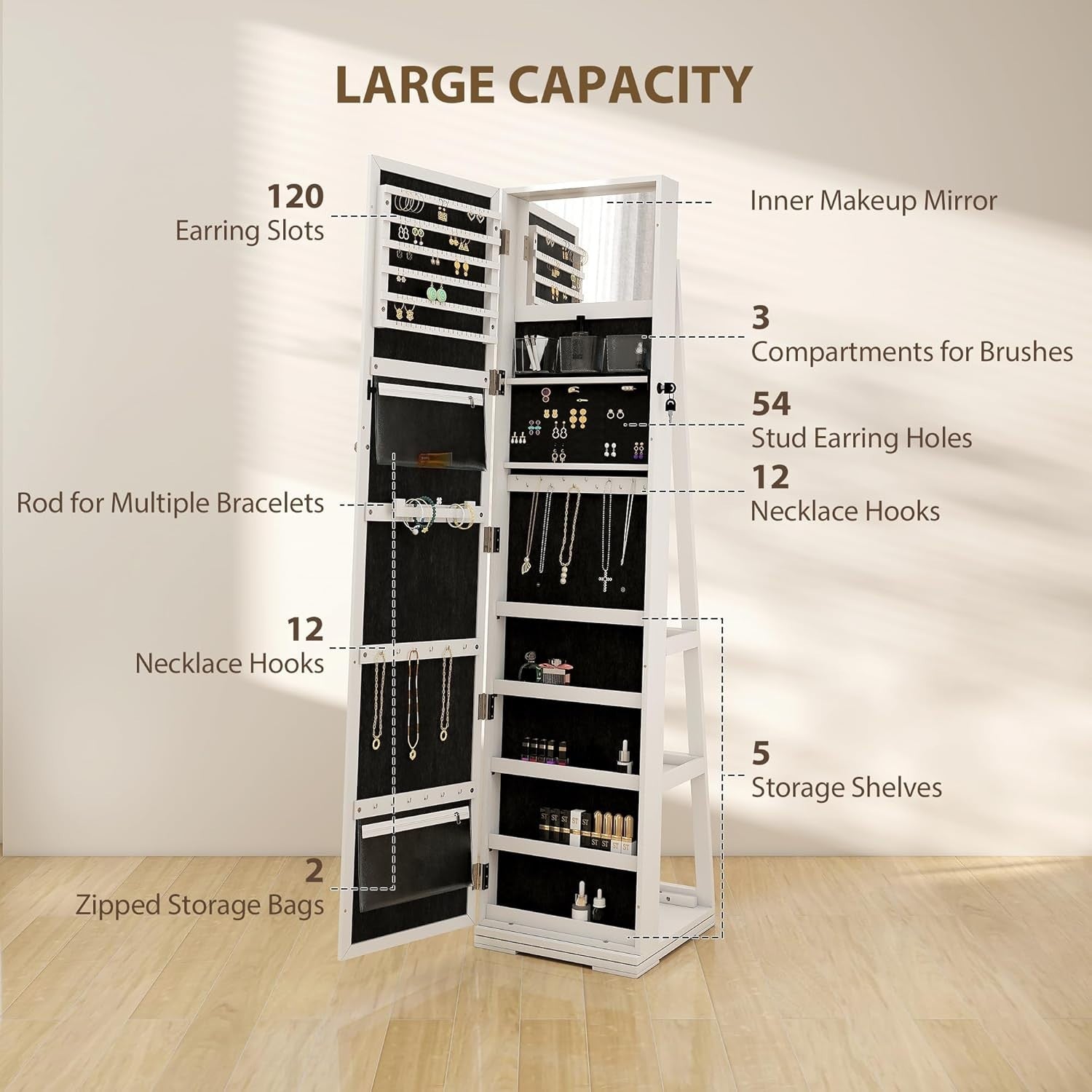 360° Swivel Jewelry Cabinet Full Length Mirror Lockable Storage Organizer