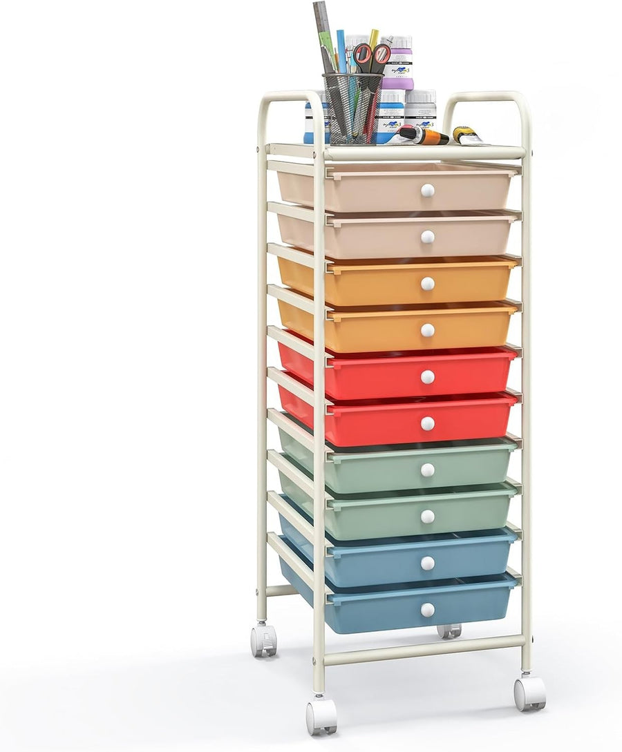 Colorful 10 Drawer Rolling Storage Trolley Utility Organizer Cart Wheels
